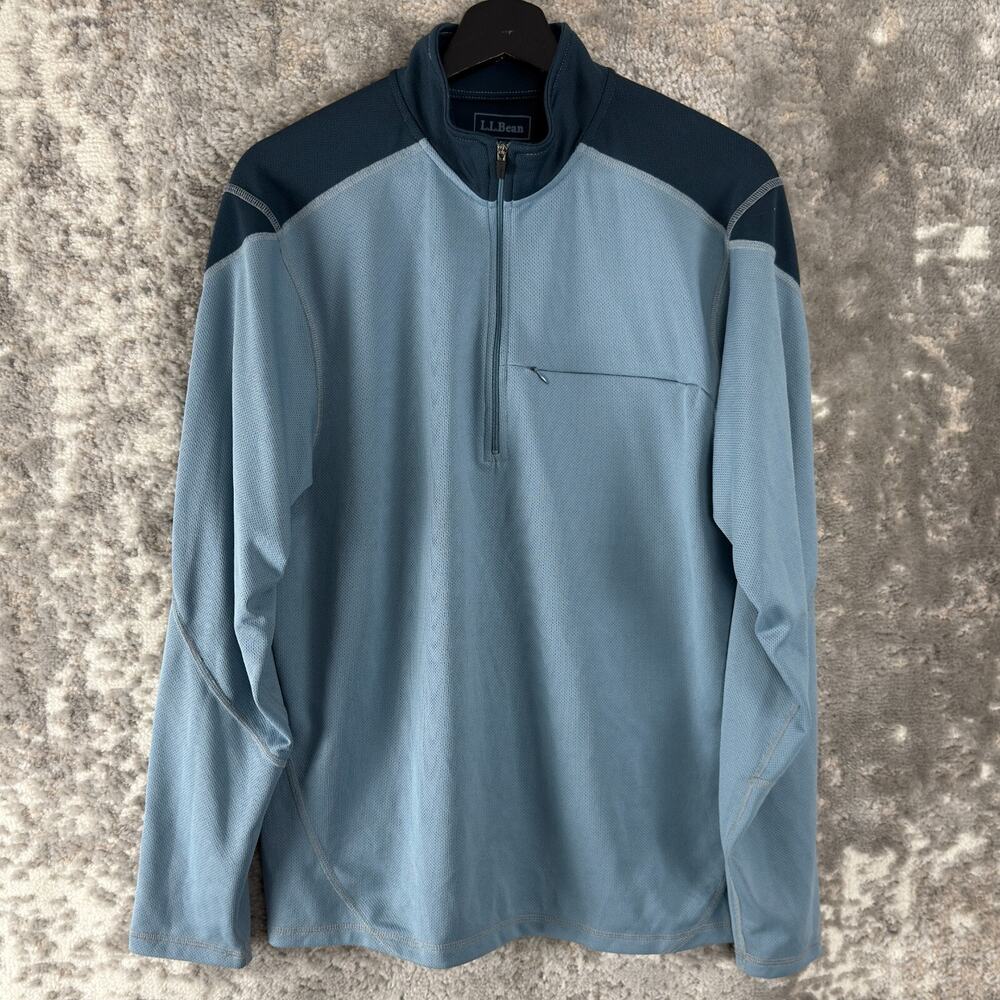 LL Bean Size M Outdoor Mock Neck 1/4 Zip Sweater‎ Blue Long Sleeve Pocket